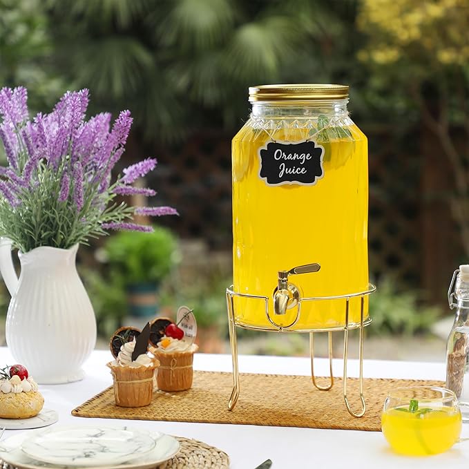 1.5 Gallon Glass Drink Dispenser with Stand – Large Beverage Dispenser with Stainless Steel Spigot, Chalkboard Tags & Marker – Glass Water Dispenser for Fridge, Parties, Weddings and Home Use,Glod