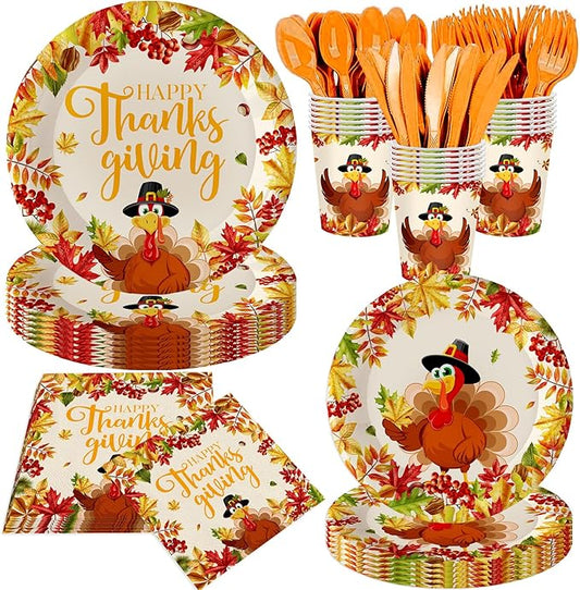140Pcs Happy Thanksgiving Party Decorations Turkey Plates and Napkins Thanksgiving Day Party Supplies Fall Birthday Tableware Set Maple Leaf Paper Plates, Serve for 20