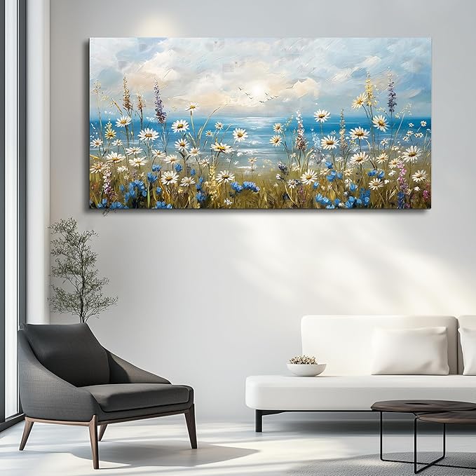 Large Wall Decor for Living Room Canvas Wall Art for Office Modern Wall Decorations for Bedroom White Flower Landscape Paintings Farmhouse Pictures Artwork Room Home Decor 48x24
