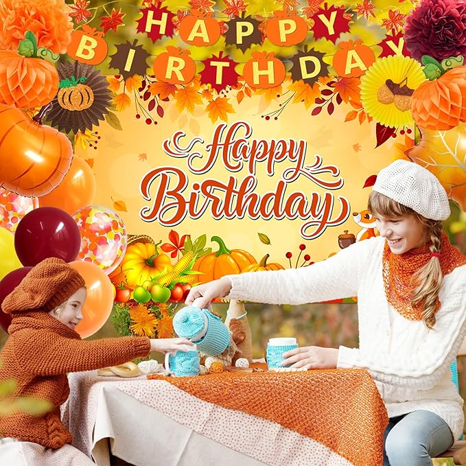 Fall Decorations Fall Birthday Party Decorations Include Autumn Backdrop Banner Cake Topper Honeycomb Pumpkin Balloon for Thanksgiving Birthday Decorations