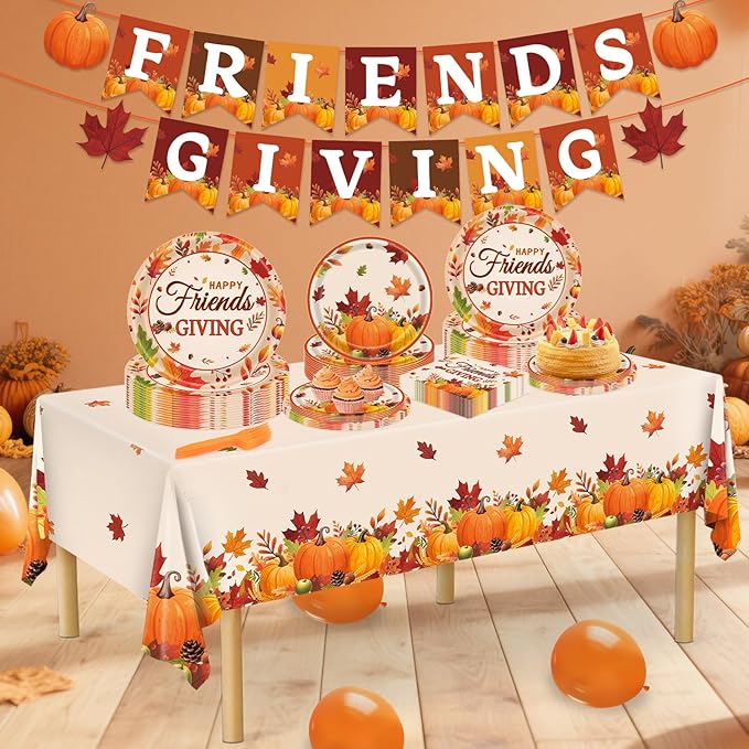 REDWORD Friendsgiving Plates, 98Pcs Friendsgiving Paper Plates-Serve 24 with Friends Giving Banner Fall Pumpkin Tablecloth Napkins for Fall Thanksgiving Friends giving Party Decorations