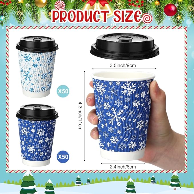 Pickmesh 100 Pcs Christmas Disposable Coffee Cups with Lids 12 oz Corrugated Paper Cups Blue and White Snowflake Drinkware for Xmas Winter Holiday Hot and Cold Beverages Home Party Supplies