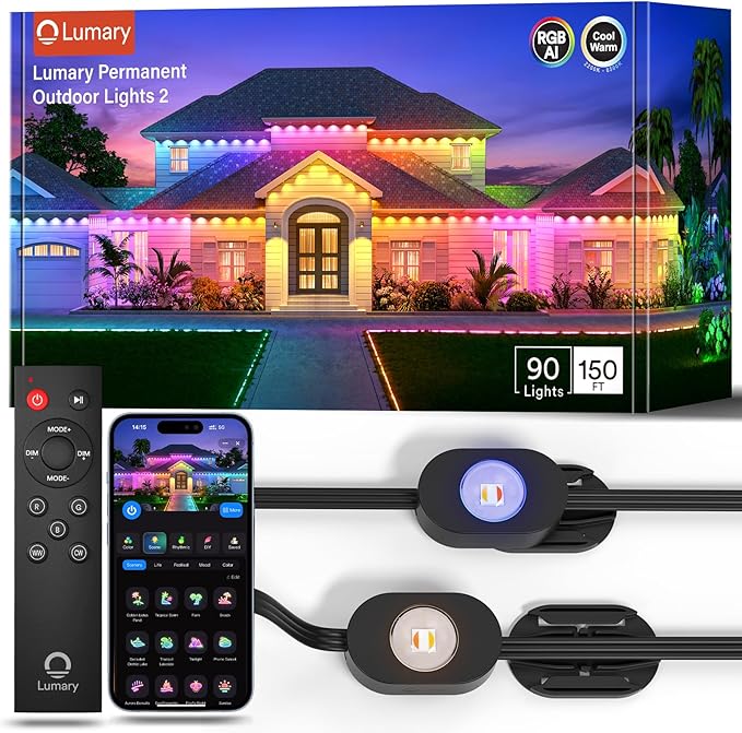 Lumary Permanent Outdoor Lights 2 with Remote, Slide Base, 150ft with 90 RGBAICW LEDs for Daily and Accent Lighting, 110+ Scenes for Christmas Decor, Work with Alexa Google, Black
