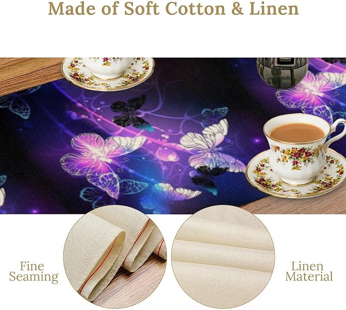 Butterfly Spring Table Runner, Purple Floral Seasonal Kitchen Dining Table Decoration for Home Party Decor 13x36 Inch