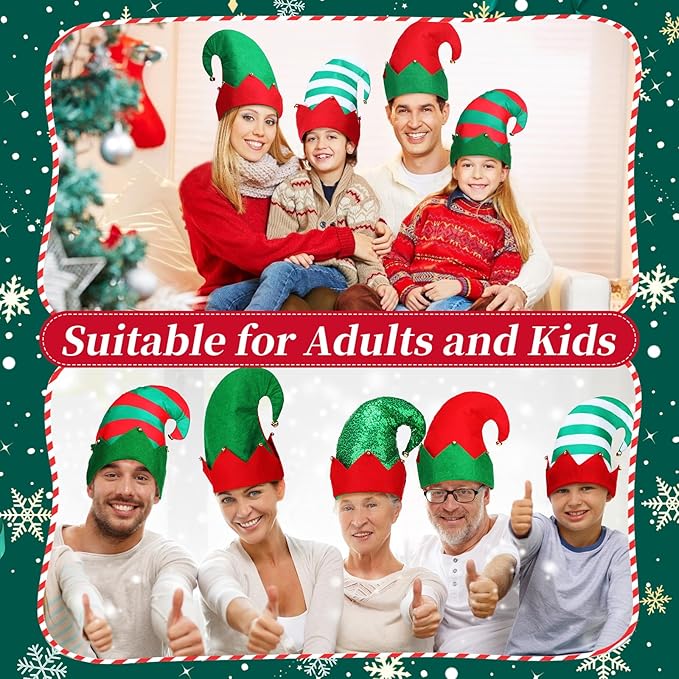 12 Pcs Christmas Elf Hat Colorful Funny Hats with Bell Holiday Party Accessories for Adults Santa Headdress for Party(Classic 1)