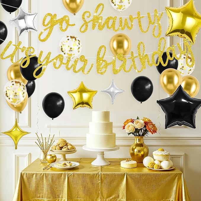 Gold Go Shawty It's Your Birthday Banner Balloons Set, Glitter Happy Birthday Banner with Black Gold Confetti Balloon Star Foil Balloon for Man Women Hip Hop Rap Theme Birthday Party Decorations