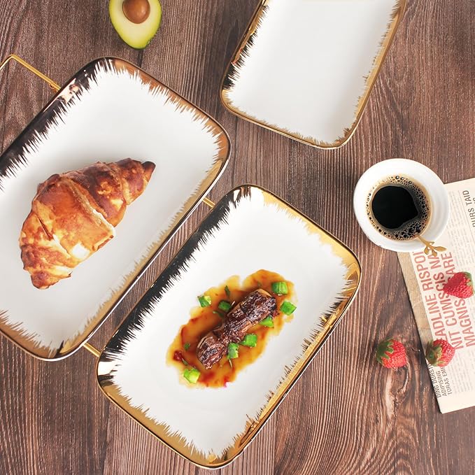 Three-Tier Ceramic Plate Rack - A Foldable Gold-Rimmed Plate Rack with Three 10.6-inch Gold-Rimmed Plates for displaying Food, Fruit, Desserts, and Serving Guests.