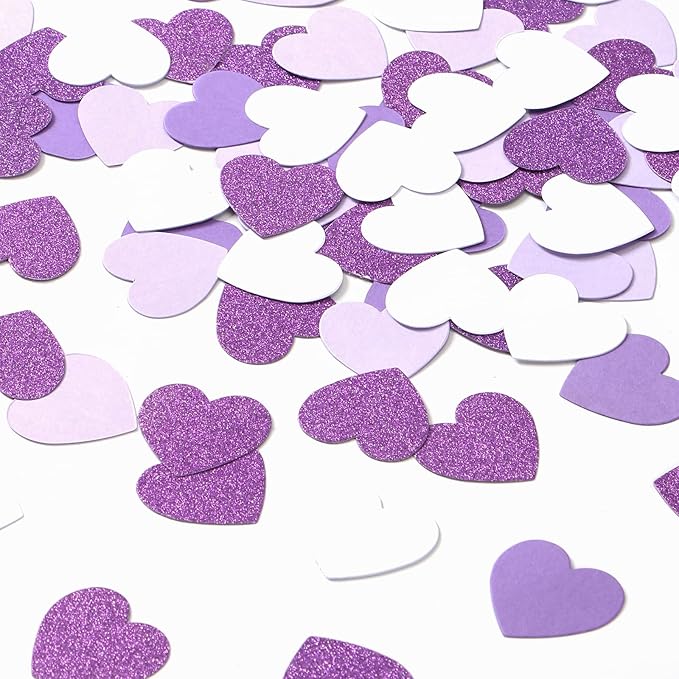 Purple White Lavender Heart Confetti - 300pcs Valentines Mothers Day Decor Glitter Paper Dots Bridal Baby Shower Wedding Bachelorette Engagement Birthday Party Table Decorations Lasting Surprise