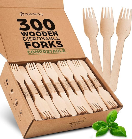 Wooden Disposable Forks - 300 Piece Wood Compostable Forks - Eco-Friendly Biodegradable Utensils for Party - Free From Plastic Cutlery Set - Disposable Cutlery Fork for Eating - Compostable Utensils