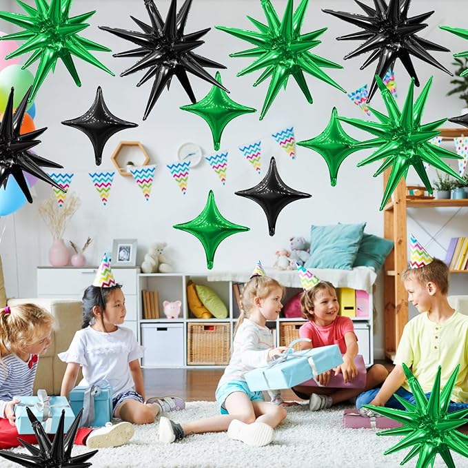 Black Green Star Balloon,6Pcs 22Inch Explosion Star Balloons and 10Pcs 10Inch Four Angle Balloons Kit for Birthday Halloween Anniversary Baby Shower Wedding Party Decorations