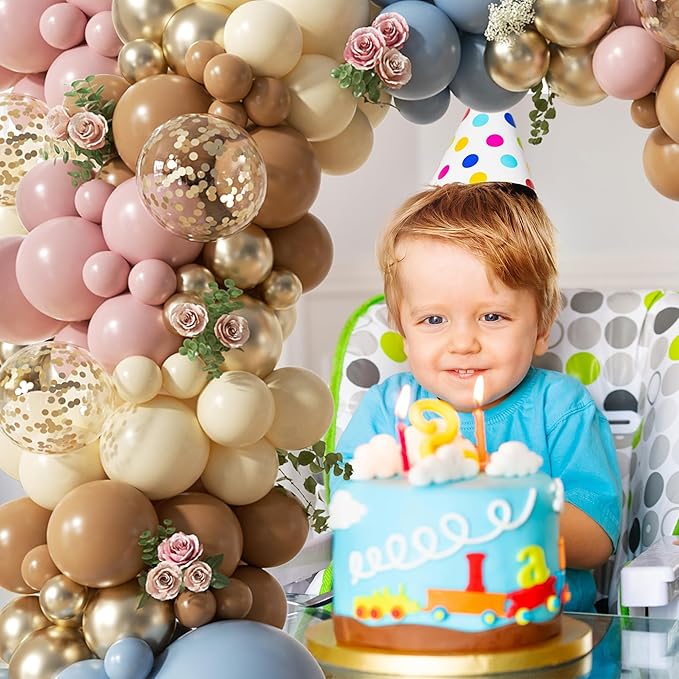 148Pcs Dusty Pink Blue Brown Yellow Balloon Arch Garland Kit, Retro Pink Dusty Blue Brown Pastel Yellow Gold Confetti Balloons for Baby Shower Wedding Engagement Birthday Party Decorations