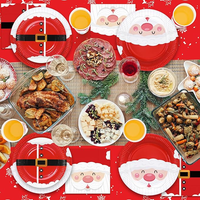 100 Christmas Party Paper Plates Napkins and Cups Set Santa Claus Disposable Dinnerware Set