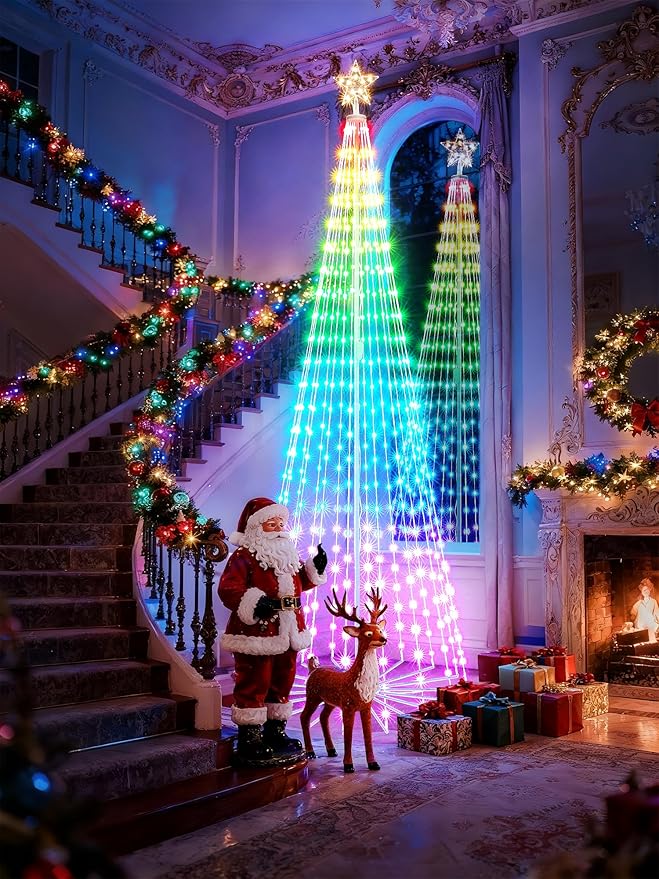 Flacchi 9.8FT Smart Christmas Tree Lights - Star Tree Topper with Removable Bracket, App Control, Sync with Music, Waterfall Colored Lights for Indoor Outdoor Xmas Decorations (9.8FT/ Rope Lights)