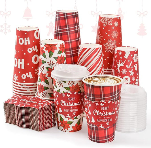 72 Set Christmas Disposable Coffee Cups with Lids and Sleeves Snowflake Reindeer Paper Drinking To Go Cups for Winter Holiday Christmas Party Coffee Bar Decor Business Supplies (Red)