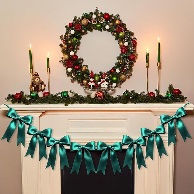 1 String of 8PCS Dark Green Bow Garland Banner Decoration,Pre-Strung Satin Ribbon Ornaments for Birthday,Bachelorette Party,Bridal Shower,Wedding,Engagement,Baby Shower,Graduation Decor,Anniversary