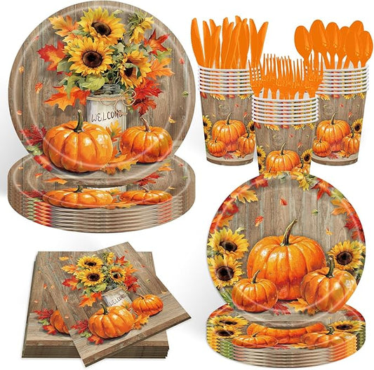 140Pcs Fall Thanksgiving Party Supplies Tableware Set for 20 Guests, Pumpkin Paper Plates and Napkins Cups Tablecloth Cutlery Straws for Autumn Harvest Party Decoration