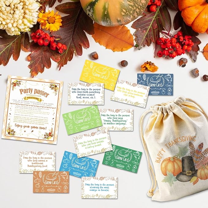 Thanksgiving Turkey Pass The Bag Game - 44 Fun Game Cards & 1 Pumpkin Canvas Bag - Thanksgiving Games for Friends Family, Holiday Gatherings - Fall Harvest Activity, Office & Home Party Supplies - A02
