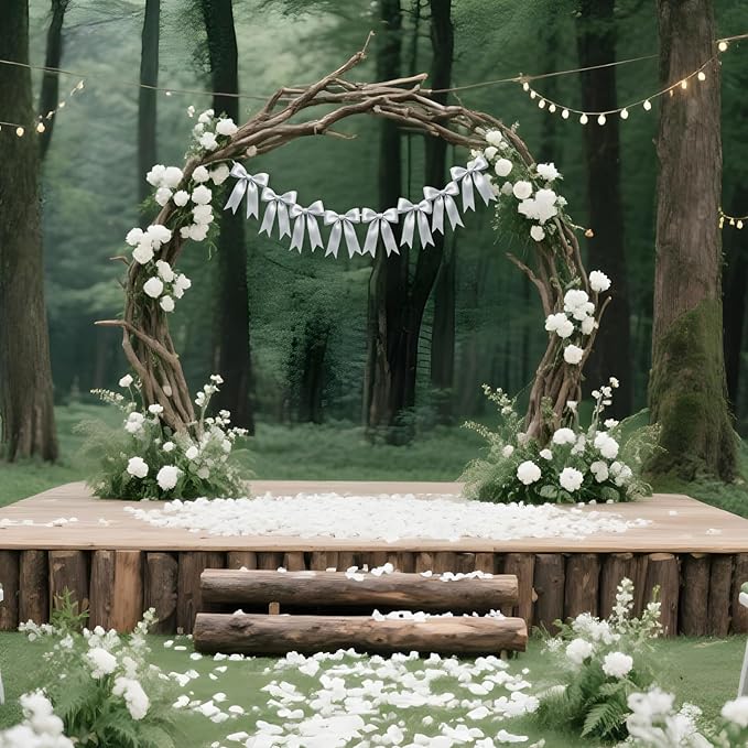 1 String of 8PCS Silver Bow Garland Banner Decoration,Pre-Strung Satin Ribbon Ornaments for Birthday,Bachelorette Party,Bridal Shower,Wedding,Engagement,Baby Shower,Graduation Decor,Anniversary