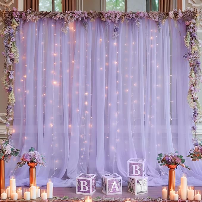 20ft x 10ft Purple Backdrop Curtain with Lights String for Parties, Sheer Tulle Wedding Photo Backdrops Drapes for Baby Shower Birthday Party Decorations Background for Photography