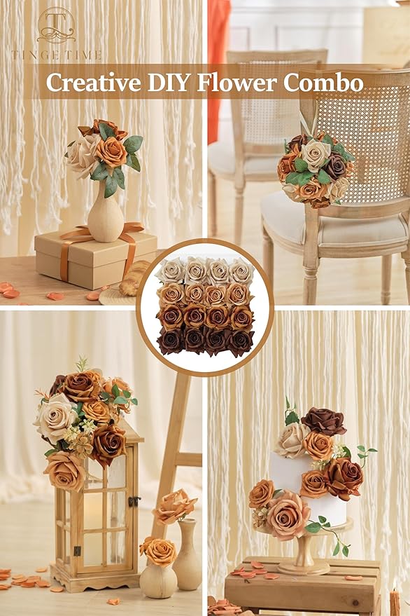 TINGE TIME Artificial Flowers Combo Box Set 16PCS Fake Rose Silk Flower with Stem for DIY Wedding Bouquets Centerpieces Baby Shower Party Home Fall Decoration (Gradient Burnt Orange)