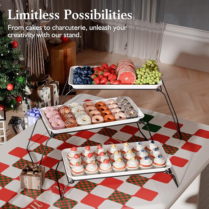 Extra Large 3-Tier Melamine Serving Tray Set and Cupcake Stand for Party Events, 17" Platters with Tiered Stand, Holds 63 Cupcakes, Food, Dessert, and Fruit – Black