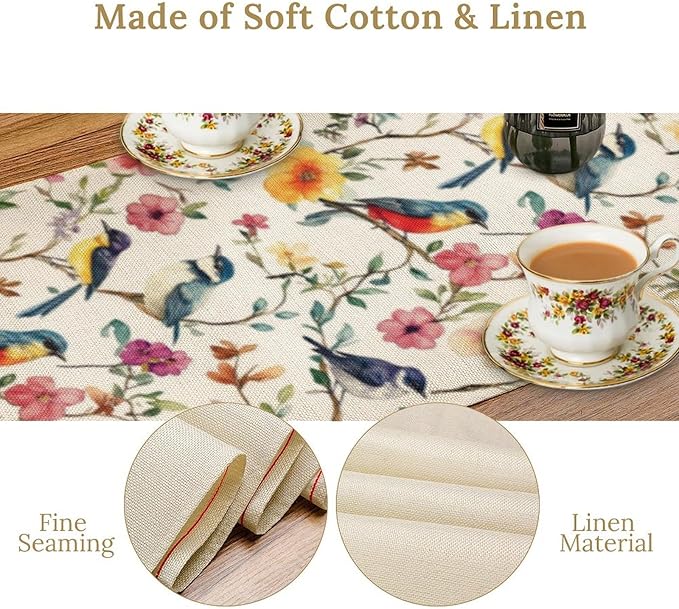 Summer Bird Floral Table Runner,Spring Birds Table Runner Burlap Table Decoration for Seasonal Home Kitchen Dining Dinner Indoor Holiday Farmhouse Decor 13x36 in