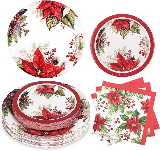 150Pcs Christmas Paper Plates and Napkins Set Christmas Poinsettia Flowers Design Disposable Holiday Plates Dinnerware for Xmas Holiday Winter Party,Serves 50