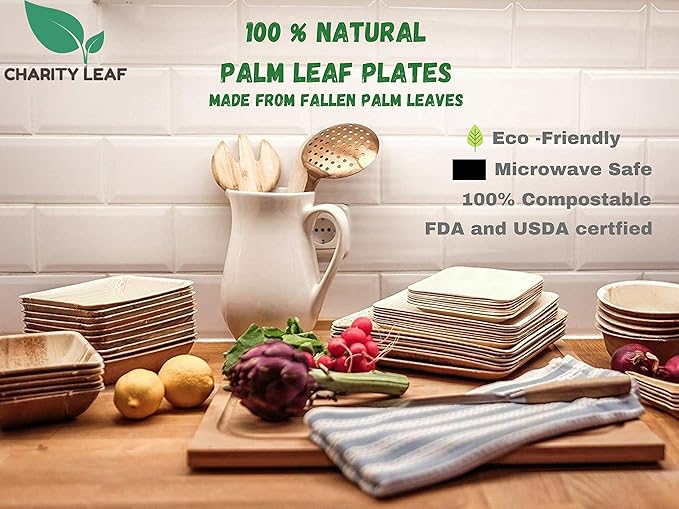 Charity Leaf Disposable Palm Leaf 14" x 10" Trays (10 pieces) Bamboo Like Serving Platters, Disposable Boards, Eco-Friendly Dinnerware For Weddings, Catering, Events