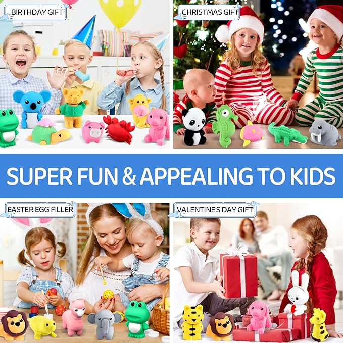 130Pcs Animal Erasers Kids Desk Pets Pencil Erasers 3D Puzzle Bulk Mini Animal Food Eraser Toys Fun Cute Eraser for Classroom Rewards, Game Prizes, Treasure Box, Easter Egg Fillers