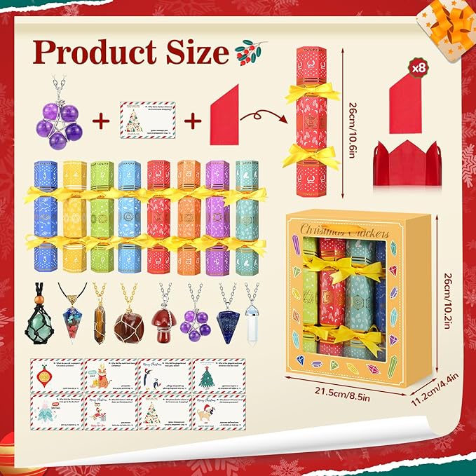 MOVINPE 8 Pack Christmas No Snap Party Table Favors, 10” Christmas Table Decorations with Gemstone Necklaces, Paper Crown, Joke Card, Traditions Holiday Family Dinner Gift Set