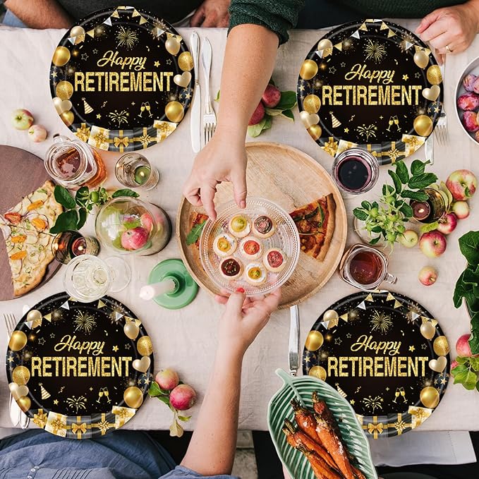 40Pcs Retirement Paper Plates and Napkins Party Supplies, Disposable Happy Retirement Decorations Party Plates Napkins Black Gold Tableware Set for Men Women