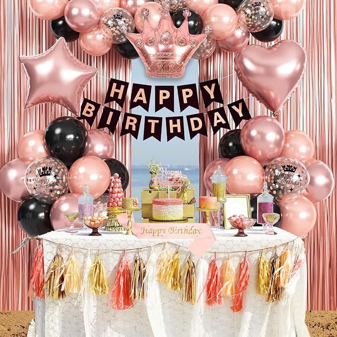 Rose Gold Birthday Decorations - Black & Rose Gold Balloons, Happy Birthday Banner, Sash, Cake Topper, Fringe Curtain & Foil Balloons for Girls' Party Supplies