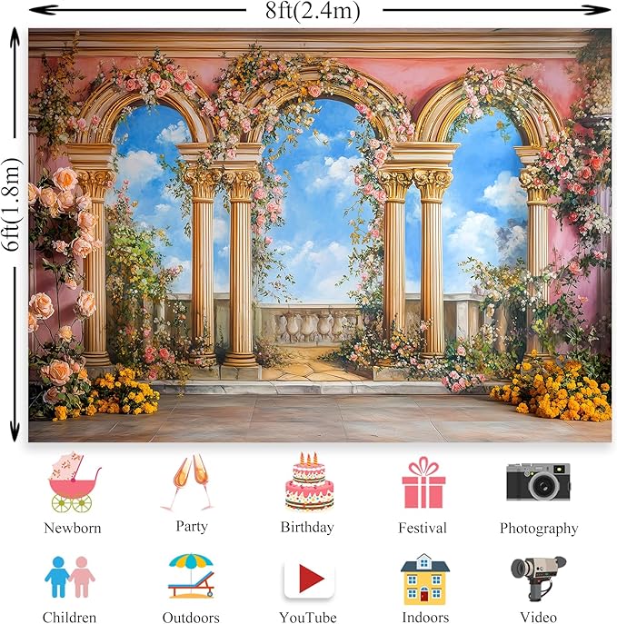 Rose Flower Backdrop Fine Art Floral Backdrop Palace Hall Backdrops for Prom Birthday Bridal Shower Portrait Engagement Background Studio YUNB229