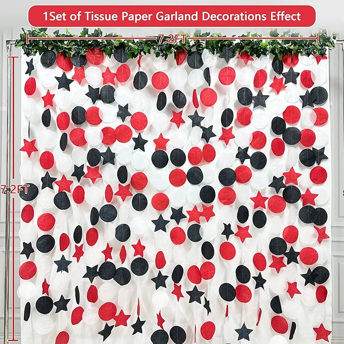 173 Ft Red Black and White Party Decorations Big Star Circle Dots Backdrop Streamer Garland for Graduation Birthday Engagement Wedding Bachelorette Baby Shower Casino Poker Pirate Theme Party Supplies