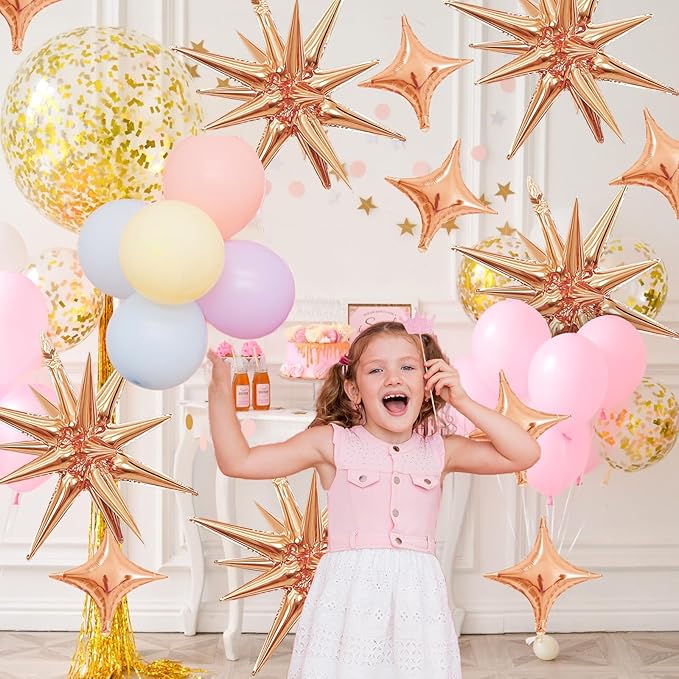 Rose Gold Star Balloons,Explosion Star Balloons Kit with 6Pcs 22Inch Cone Star Foil Balloons and 10Pcs 10Inch Four Pointed Star Balloons for Birthday Anniversary Disco Party Decorations