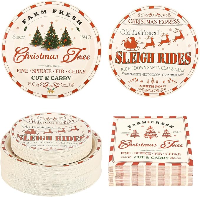 150Pcs Christmas Paper Plates and Napkins Set Vintage Christmas Farmhouse Design Disposable Holiday Plates Dinnerware for Xmas Holiday Winter Party,Serves 50