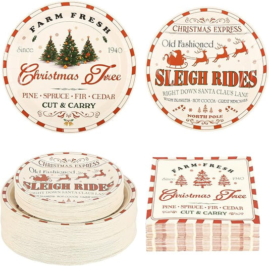 150Pcs Christmas Paper Plates and Napkins Set Vintage Christmas Farmhouse Design Disposable Holiday Plates Dinnerware for Xmas Holiday Winter Party,Serves 50