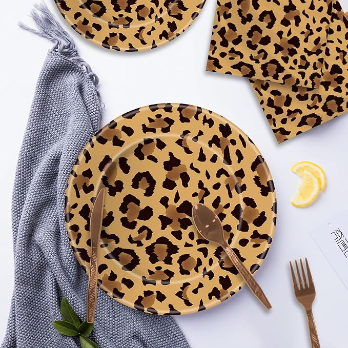 140PCS Leopard Print Party Decorations,Jungle Animal theme Decorations Include Tableware, Plate, Cup, Napkin, Cutlery, Animal Cheetah Print Birthday Party Supplies Serve 20