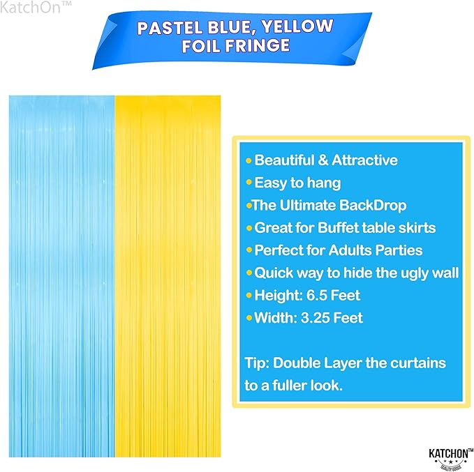Katchon, Light Blue and Yellow Fringe Backdrop - Feet, Pack of 2 | Blue and Yellow Birthday Decorations, Easter Backdrop Curtain | Sponge Party Decorations, Baby Shower Decorations for Home