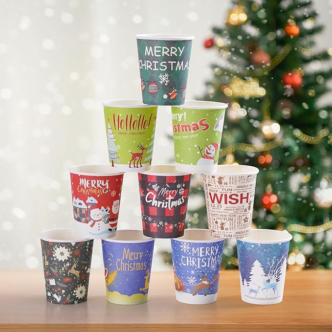 120 Pcs Christmas Disposable Paper Cups 9oz Coffee & Tea Cup with 10 Holiday Designs Christmas Hot Chocolate Cocoa Cup Drinkware Xmas Drink Cups for Cold/Hot Beverage Winter Party Supplies