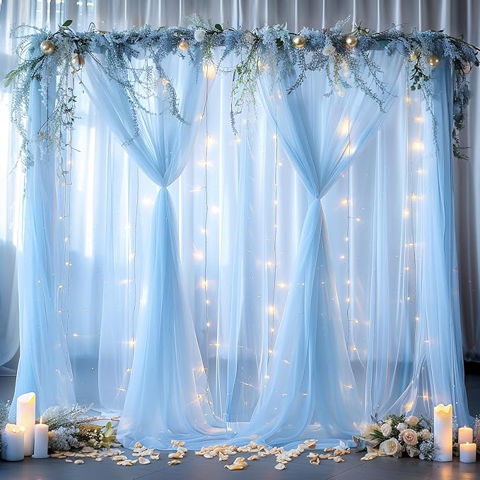 10ft x 10ft Blue Backdrop Curtain with Lights String for Parties, Sheer Tulle Wedding Photo Backdrops Drapes for Baby Shower Birthday Party Decorations Background for Photography