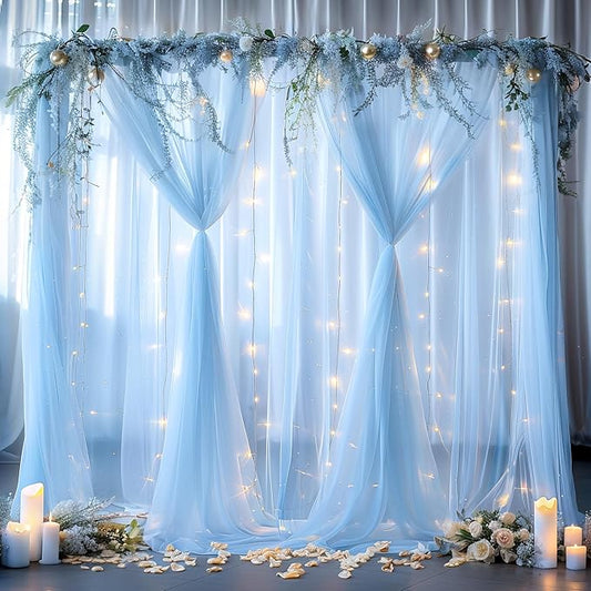 30ft x 10ft Blue Backdrop Curtain with Lights String for Parties, Sheer Tulle Wedding Photo Backdrops Drapes for Baby Shower Birthday Party Decorations Background for Photography