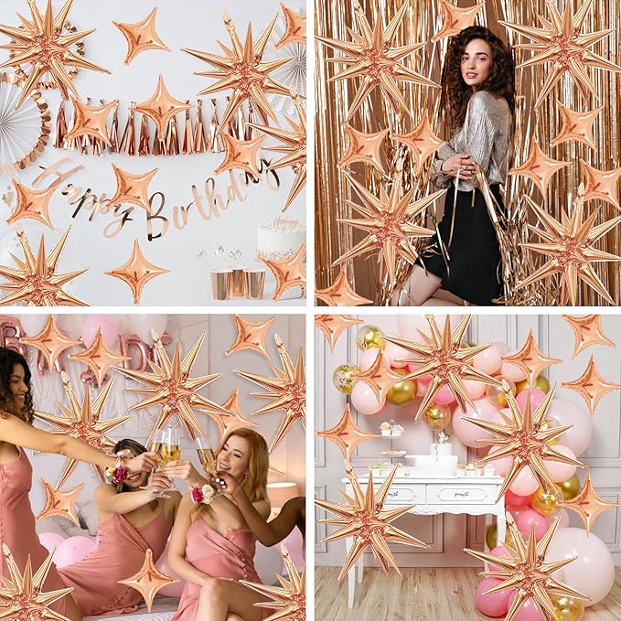 Rose Gold Star Balloons,Explosion Star Balloons Kit with 6Pcs 22Inch Cone Star Foil Balloons and 10Pcs 10Inch Four Pointed Star Balloons for Birthday Anniversary Disco Party Decorations