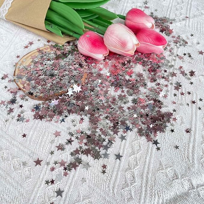 60g Star Confetti Glitter Star Table Confetti, Metallic Foil Star Glitter, Table Decorations for Party Wedding birthday graduation Decorations(Glitter Rose Gold and Silver Set, 10mm and 6mm)