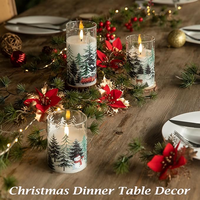 LUSHABOR Christmas Flameless Candles, 3 Pack Battery Operated Candles for Christmas Mantel Decor, Glass LED Flickering Candles Home Xmas Party Holiday D3 H4 5" 6", Trees