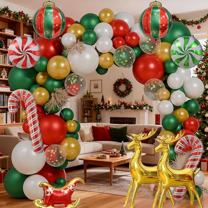 130Pcs Christmas Balloon Garland Arch Kit, With Gold Red Green White Candy Sequin Moose Sleigh Balloon for Christmas Party Decorations Supplies (23"Set)