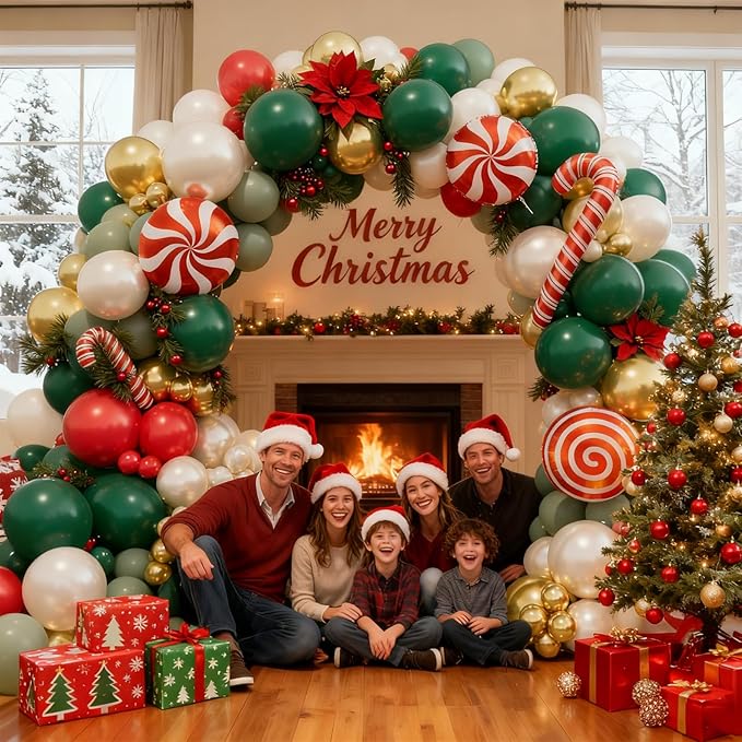 Christmas Balloon Arch Kit, Double Stuffed Red Green White Pearl Balloons with Candy Cane Foil Balloons, Holiday Balloon Garland for Christmas Party Decorations, Xmas Birthday & New Year Decor