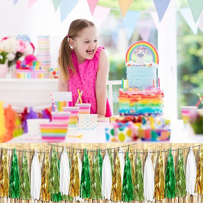 3P Sage-Green Beige-Mint Gold Foil Fringe Metallic Tassel Garland Banner, Tassels Banner Streamers for Parade Floats, Bachelorette, Wedding, Birthday, Christmas, Bridal/Baby Shower Party Decorations