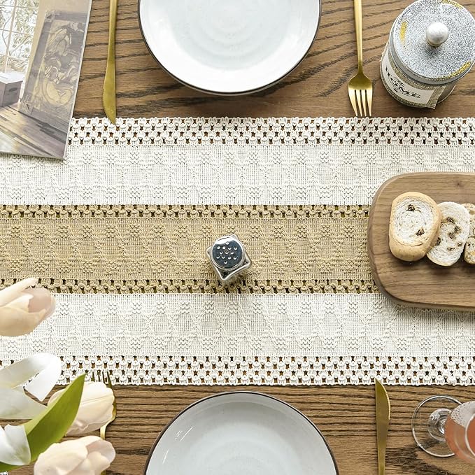 Artoid Mode Burlap Brown Farmhouse Rustic Table Runner, Seasonal Holiday Hollow Kitchen Dining Table Decoration for Home Party Decor 12x90 Inch