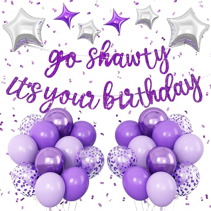 Purple Go Shawty It's Your Birthday Banner Balloons Set, Glitter Happy Birthday Banner with Purple Silver Confetti Balloon Star Foil Balloon for Girls Women Hip Hop Rap Theme Birthday Party Decoration